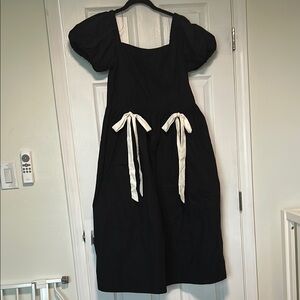 Black midi Dress with White Bow Accents